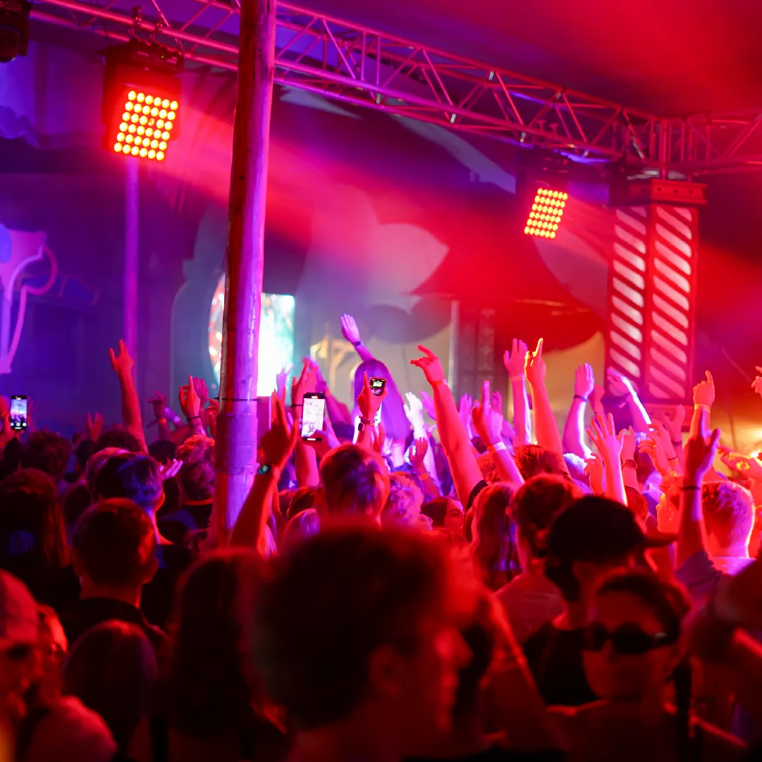 A photograph of the crowd with their hands in the air at Wanderbay NYE
