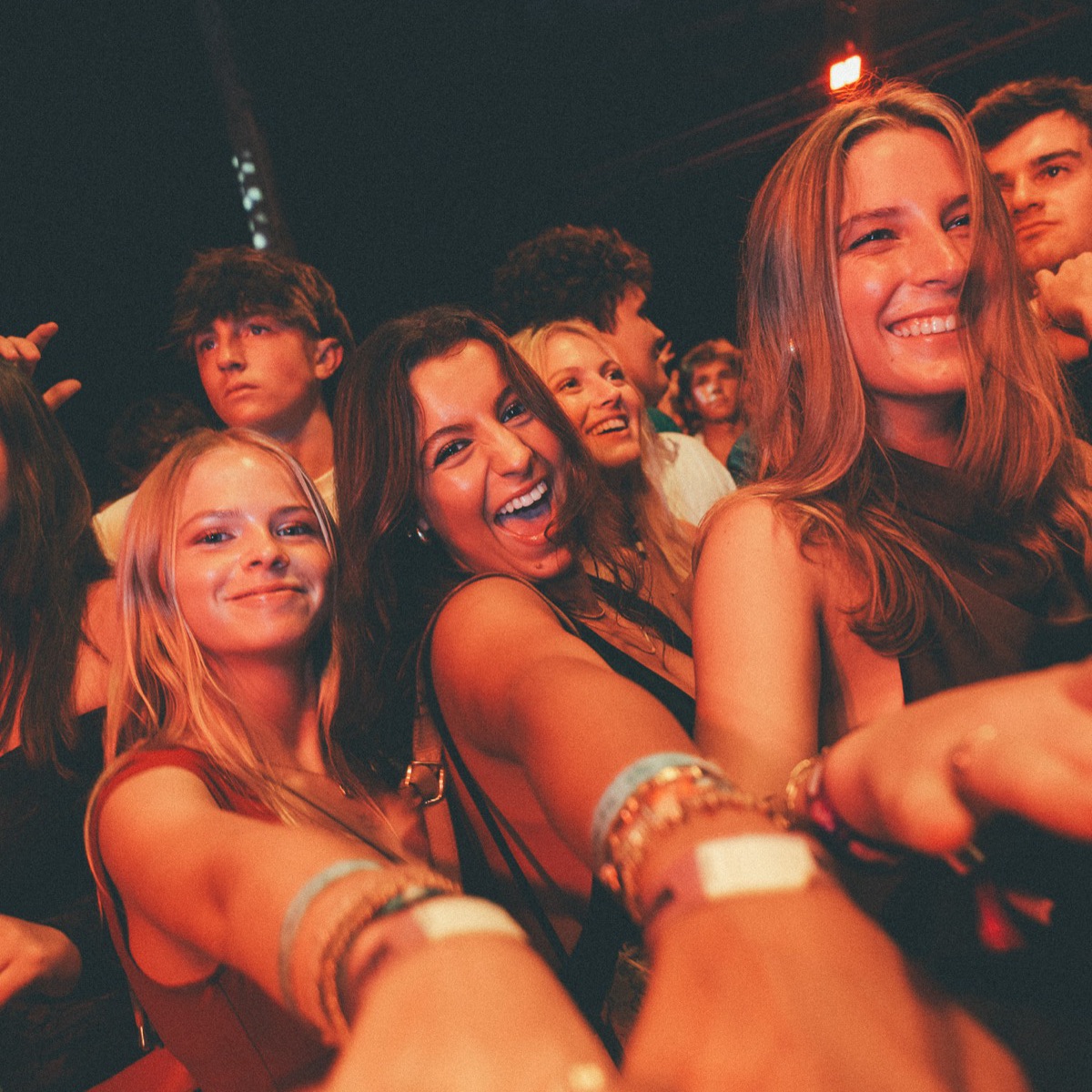 Friends smiling together in the crowd